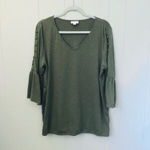 JJill Peasant Top Bell Sleeves Button Details Olive Green 100% Cotton Large